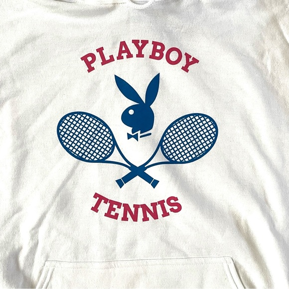 PLAYBOY Tennis Hoodie Unisex SIZE X-LARGE White Navy Logo Hooded Sweatshirt NWT - Picture 3 of 11